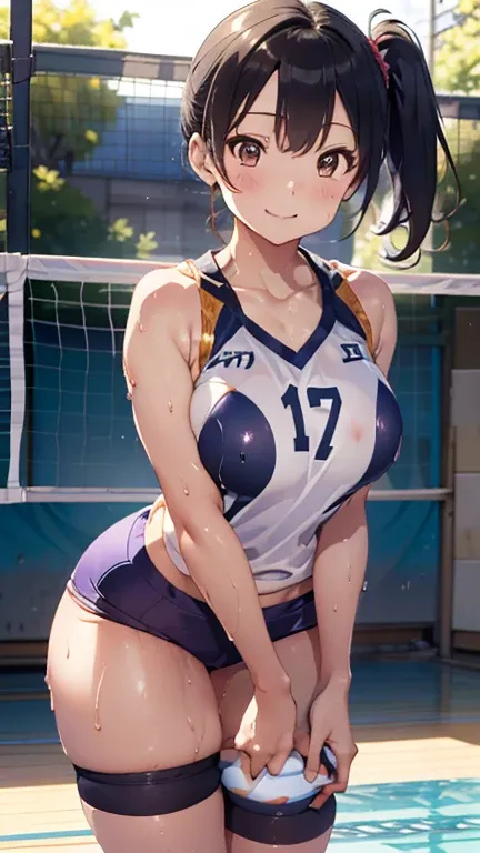 ((((Perfect Anatomy, Anatomically correct, Very detailedな肌)))), 1 girl, Day in Japanese, 16 years old, Volleyball Player, Shiny skin, Take in the view, 
 Beautiful Hair, Beautiful Face, Beautiful fine details, Brown eyes, (Long Hair:1.7, Side Ponytail:1.5)...