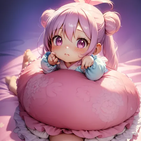 (chibi anime girl, pastel colors:1.3), adorable, miniature figure, big round eyes with pastel irises, blushing cheeks, pink or pastel colored outfit, pigtails or ribbons in her hair, playful expression, delicate hands and feet, soft textures, intricately d...