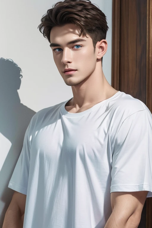 (masterpiece),(bestquality:1.0), (ultra highres:1.0), detailed illustration, 10, Handsome Boy,musculine,White loose t-shirt,Sir Young,handsome,28yo,Fine Skin,blue eyes