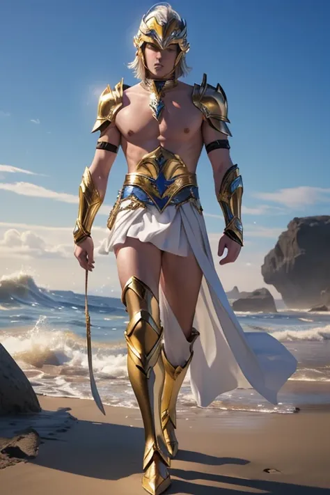 full body photorealistic handsome Hunky man with spirit Mage themed white and gold  light armor, helmet and skirt in saint seiya style, shirtless, full body, best quality, master, realistic face, best quality, Portrait of a boy, realistic 4k, 18k, smoke an...