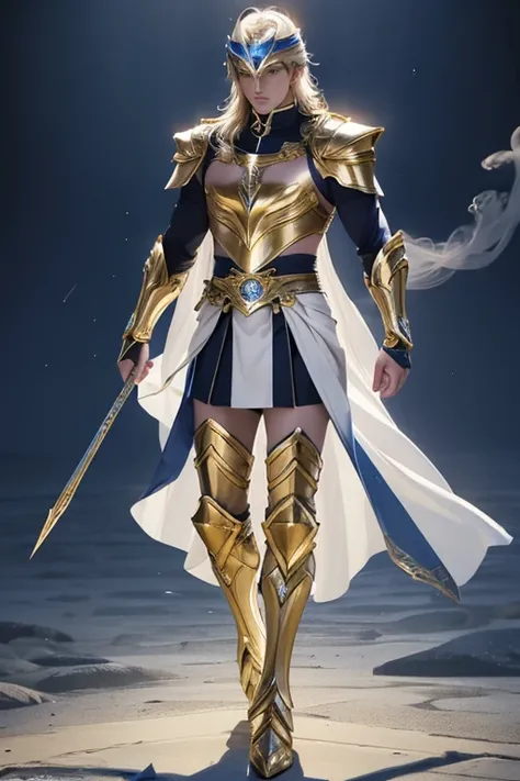 full body photorealistic handsome Hunky man with spirit Mage themed white and gold  light armor, helmet and skirt in saint seiya style, shirtless, full body, best quality, master, realistic face, best quality, Portrait of a boy, realistic 4k, 18k, smoke an...