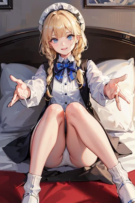 (8k, highest quality, Tabletop:1.2)、Ultra-high resolution、One 12-year-old girl, Perfect Fingers, Detailed face, smile, blue eyes, Blonde, Braid, White panties, White blouse, Black vest, Western-style room, futon, Lie down with your legs outstretched