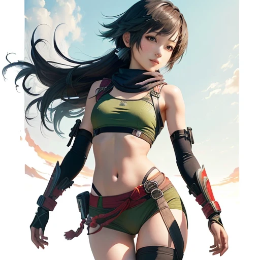 Japanese ninja, final fantasy, yuffie kisaragi, pale green bodysuit, bare arms, bare legs, slender, pretty, crop top, exposed belly