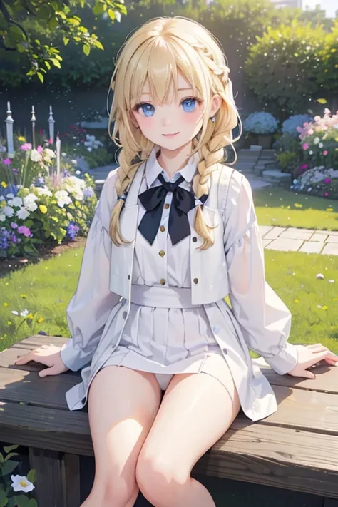 (8k, highest quality, Tabletop:1.2)、Ultra-high resolution、One 17-year-old girl, Perfect Fingers, Detailed face, smile, blue eyes, Blonde, Braid, White panties, White blouse, Black vest, garden, flower bed, Sitting on the grass