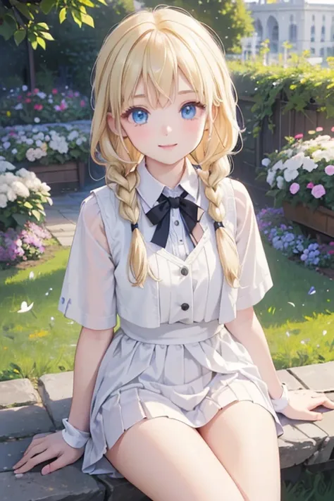 (8k, highest quality, Tabletop:1.2)、Ultra-high resolution、One 17-year-old girl, Perfect Fingers, Detailed face, smile, blue eyes, Blonde, Braid, White panties, White blouse, Black vest, garden, flower bed, Sitting on the grass