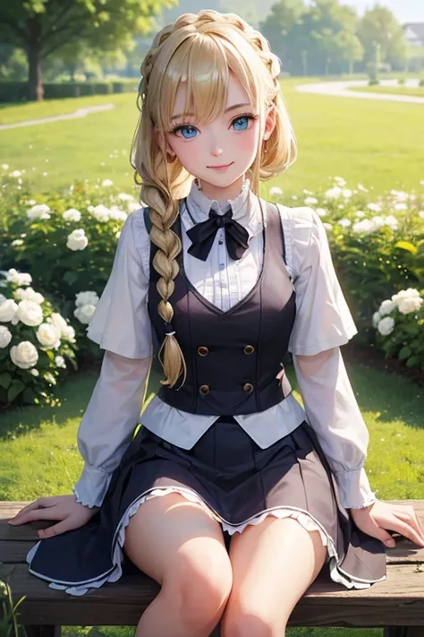 (8k, highest quality, Tabletop:1.2)、Ultra-high resolution、One 17-year-old girl, Perfect Fingers, Detailed face, smile, blue eyes, Blonde, Braid, White panties, White blouse, Black vest, garden, flower bed, Sitting on the grass