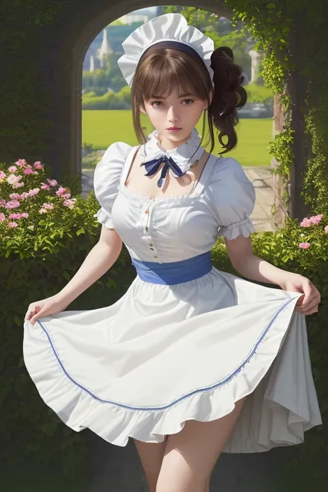 ( best quality、8k、masterpiece、Practical：1.3 )、 1 female、( A garden with a classic and famous castle as the background )、( Very high quality dark background : 1.2)、Natural bright sunlight、Blue sky、Brown hair tied up、Beautiful Women in Perfect Shape: 1.4、Hig...