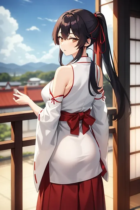 1girl, bangs, bare_shoulders, blue_sky, large breasts, brown_eyes, cloud, cloudy_sky, day, detached_sleeves, fence, hair_between...