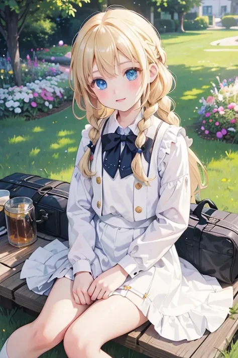 (8k, highest quality, Tabletop:1.2)、Ultra-high resolution、One 10-year-old girl, Perfect Fingers, Detailed face, Blushing, blue eyes, Blonde, Braid, White panties, White blouse, Black vest, garden, flower bed, Sitting on the grass