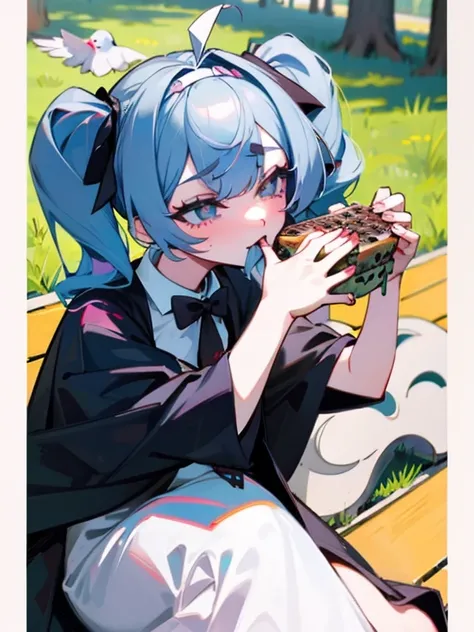 Hatsune Miku feeding pigeons in the park,lie down