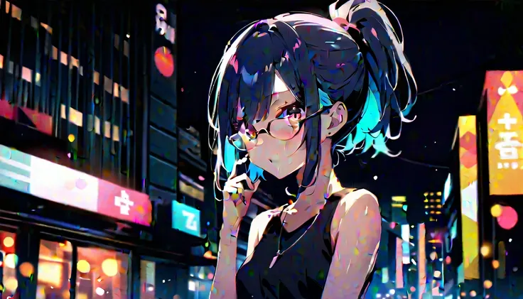 (best quality, 4k),((one girl, skinny body,  size, short hair, high ponytail hairstyle, dark blue outer hair, (cyan inner hair), pink eyes, wears contact glasses)). (city nights background) 