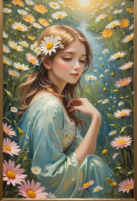 Capture the essence of pure serenity and natural beauty in an awe-inspiring oil painting that transports viewers into a dreamlike world where a girl finds solace amidst a sea of Paper Daisies.

Imagine a tranquil meadow bathed in the soft glow of the setti...