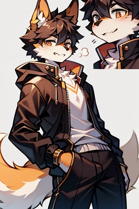 tmasterpiece，eyes with brightness, in a panoramic view, Character focus, solo, Furry male wolf, Off-white fur, Different colored eyes,CasualClothing，Young style，The demeanor is cold,One meter seven height，Particularly handsome, has a tail，BREAK BREAK BREAK...