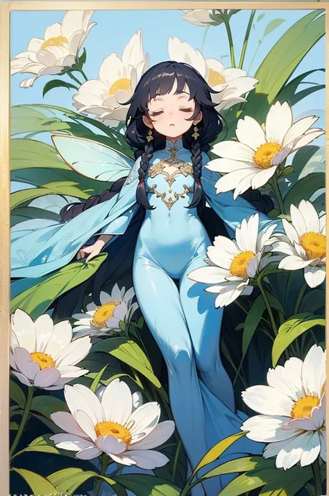 (masterpiece、highest quality、highest quality、Beautiful and beautiful:1.2)、Good anatomy、Wide Shot、Wide blue sky、Drawing of a girl with braided hair、Deep sleep、Flower Fairy、Flower-sized body、pure、Charm、Fantasy、Botanical Art