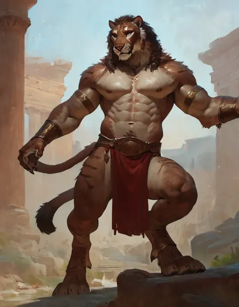 Anthro smilodon male warrior, concept art, solo, exposed midriff, digitigrade, roman loincloth, tail, hi res, masterpiece, absurd res, 2023, extreme detail, abs, pecs, nipples, 