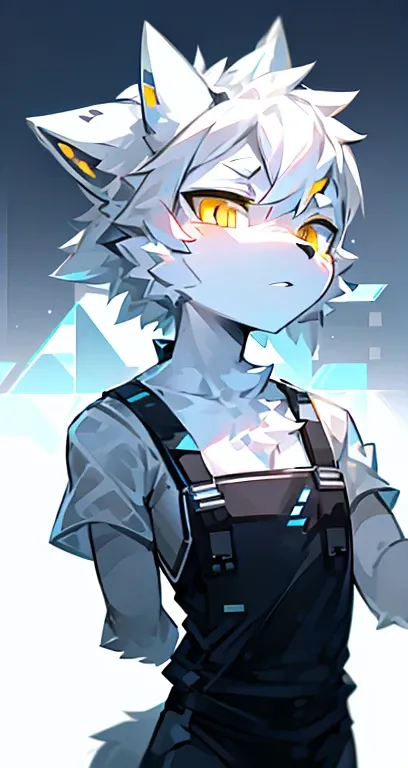 cyber punk perssonage，epcot，Tech style，solo person，White body，White ears，White hair，Overall white，Orange-yellow eyes，Wolf tail，Wolf orcs，Young，Wear a short-sleeved shirt，Ultra-clear screen，Soft lines