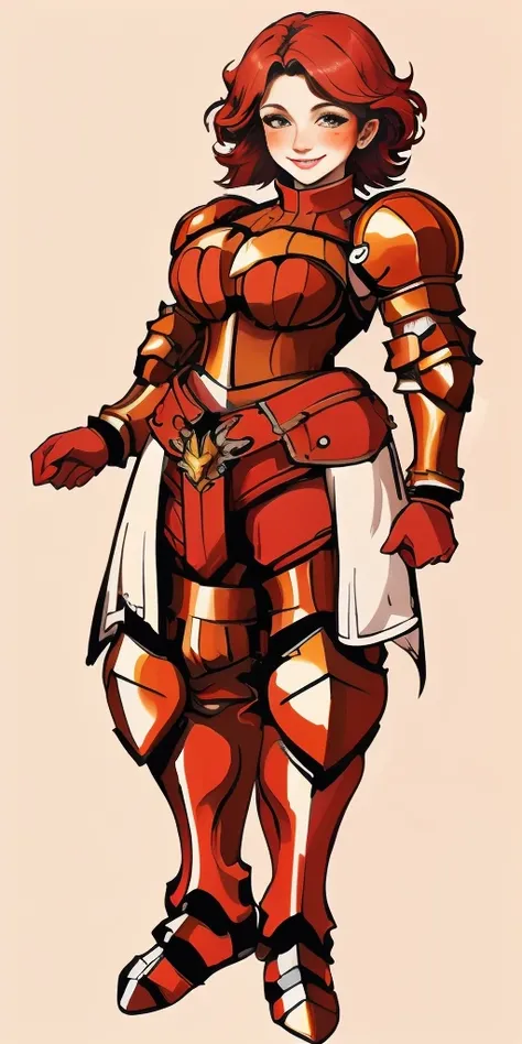 (masterpiece, best quality, 4k, 1girlsolo, 1MILF, mmplatz, smile, red cheeks, plain background:1.2) full body RED armor, view from below, looking to the viewer, arms to the sides empty hands, Female Knight (Final Fantasy Tactics)