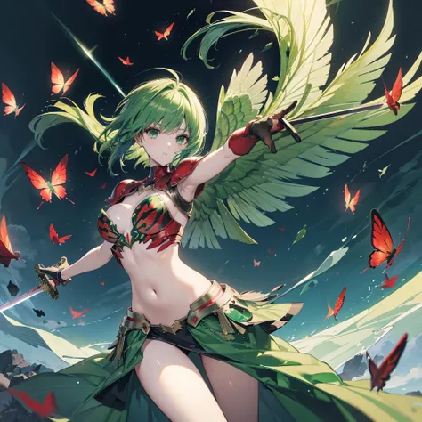 ((high resolution　Green Hair　Short Hair　Iron Armor　Angel of Victory　Lonely　despair))　((Red butterfly　night　Western style　chest　Shining Aura　gloves))　(Big feather　Dance　Blade of Light　Holding a sword　Slashing)　night　moon　star　Slashing　Catch the wind　