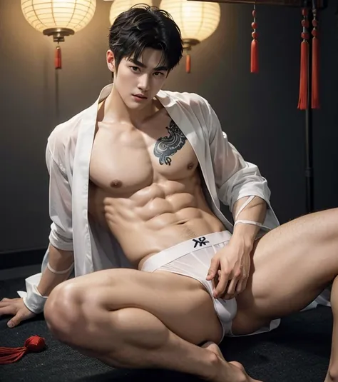 Chinese Men God, Mythology, Chinese odyssy, Handsome, Topless, Muscles, Athlete body, Full Frame, Sexy, Professional Lighting, Hanfu Outfit, Chinese Heaven Background, Bulge Underneathe brief Underwear, white transparent brief, see through underwear, Sexy ...