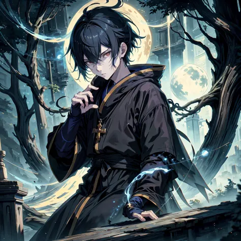 An anime boy, clad in simple robes and wearing a serious expression, sat cross-legged before an ancient tree. His versatile features were highlighted by the soft glowing light of the moon, as he meditated as a monk. Despite his earnest dedication, his pres...