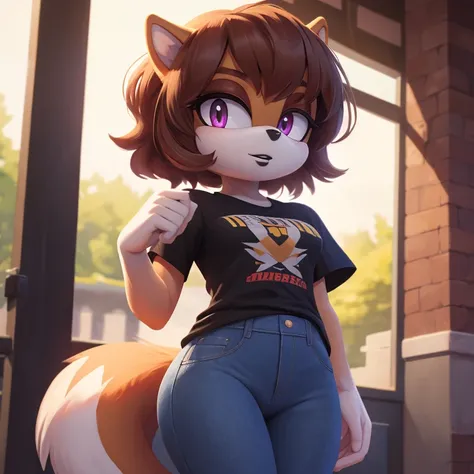 sonic_(series), mobian squirrel, thin body, skinny figure, brown hair, wavy bangs, short hair, fluffy hair, white fur, violet eyes, black eyelids, t-shirt, jeans, beautiful, pretty, cute, masterpiece, 4k, high quality, studio quality, detailed, insanely de...