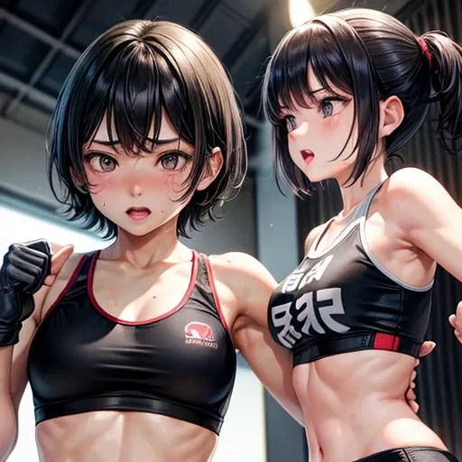 Small breasts. Cute Japanese high school girl with short cut black hair. She is fighting lying down in a mixed martial arts ring. Opposing female fighter is holding her arm. She is screaming closed. Very sweaty, slender body, poor breasts, sports bra, biki...