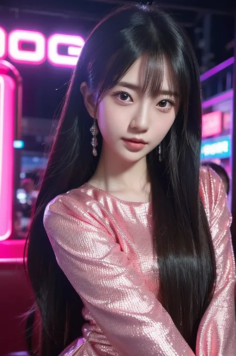 best quality, 8k, highly detailed face and skin texture, high resolution, cute long hair japanese girl in luxury dress at nightclub, under neon light, sharp focus