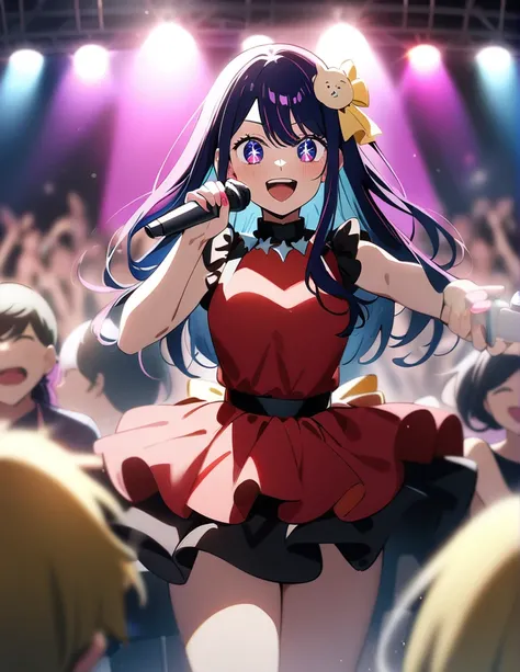 1girl, hoshino ai (oshi no ko), oshi no ko
, masterpiece, best quality, very aesthetic, absurdres, idol, Stage, microphone, crowd, looking at viewer