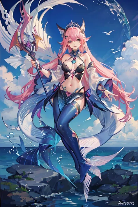 Beautiful, mermaid, pink hair, accessories, trident, beautiful multi-colored tail, Tatu ,goddess, Complex hairstyle, long hair, reference, reference sheet, fish tail, tiara, earrings, tattoo, witch, pearls, sea