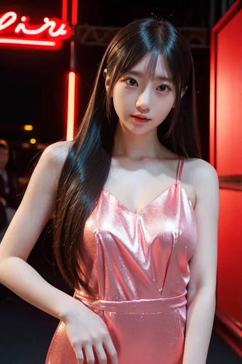 best quality, 8k, highly detailed face and skin texture, high resolution, cute long hair japanese girl in luxury dress at nightclub, under neon light, sharp focus