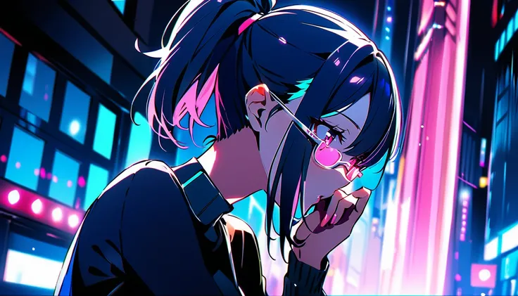 (best quality, 4k),((one girl, skinny body,  size, short hair, high ponytail hairstyle, dark blue outer hair, (cyan inner hair), pink eyes, wears contact glasses)). (city nights background) 