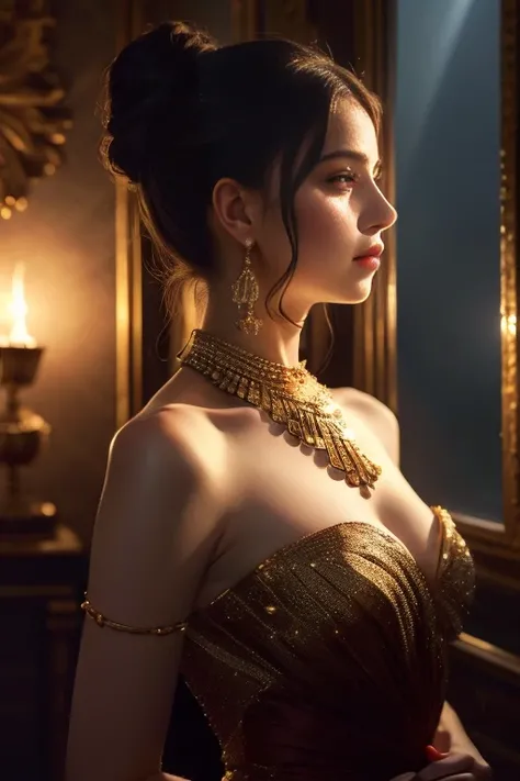 masterpiece side profile, body portrait, Babylonian woman, elegant, feminine, very beautiful, romantic ambiance, mood lighting, correct detail texture, realistic physics based rendering 