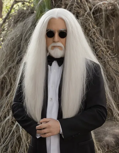 Cousin Itt character of  the Addams Family with white hair and his hat