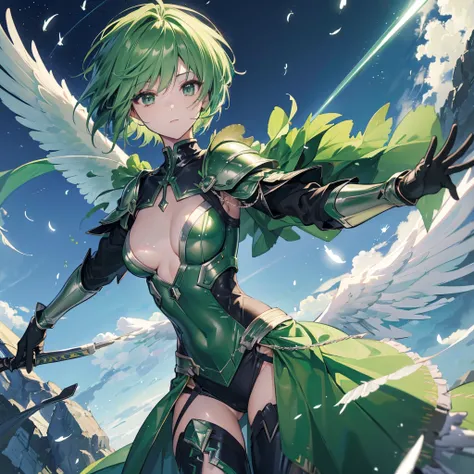 ((high resolution　Green Hair　Short Hair　Iron Armor　Angel of Victory　Lonely　despair))　((night　Western style　chest　Shining Aura　gloves))　(Big feather　Dance　Blade of Light　Holding a sword　long　Slashing)　night　moon　star　Slashing　Catch the wind　