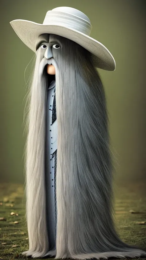 Detailed and intricately textured digital rendering of Cousin Itt from the Addams Family, faithfully capturing his unique white hair and distinctive hat, with a whimsical and eerie mood, presented in a cartoon animation style, full-body view, hands natural...