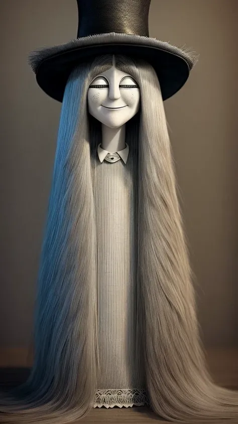 Detailed and intricately textured digital rendering of Cousin Itt from the Addams Family, faithfully capturing his unique white hair and distinctive hat, with a whimsical and eerie mood, presented in a cartoon animation style, full-body view, hands natural...