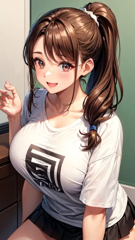 2 female,22 years old,brown hair,beautiful low ponytail hairstyle, (miniskirt and large white shirt, (double huge breasted,under bust:1), short sleeve, natural smile,,(slouch)