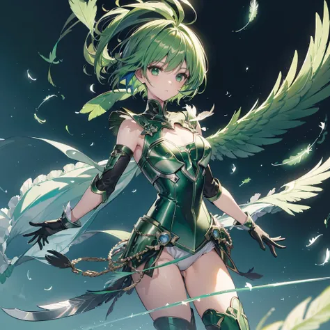 ((high resolution　Green Hair　Short Hair　Iron Armor　Angel of Victory　Lonely　despair))　((night　Western style　chest　Shining Aura　gloves))　(Big feather　Dance　Blade of Light　Holding a sword　long　Slashing)　night　moon　star　Slashing　Catch the wind　