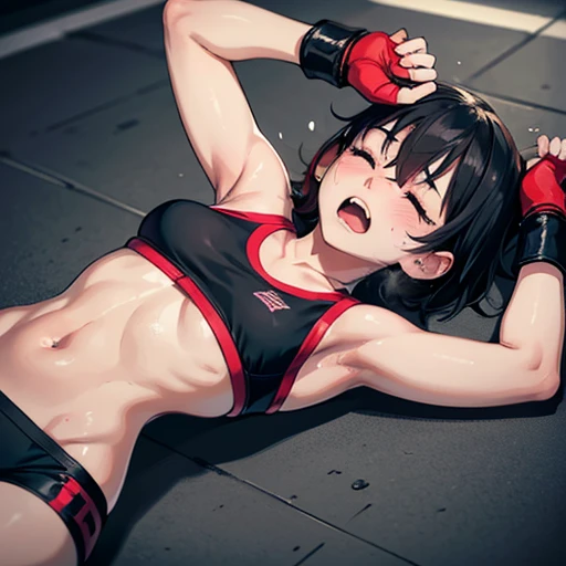 Small breasts. poor belly, Cute Japanese high school girl with short cut black hair.  She is lying down in a mixed martial arts ring. Fighting by grappling. Opposing female fighter is beating her body so hard. She is closing eyes. She is screaming. Very sw...