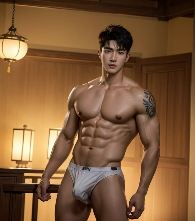 Chinese Men God, Mythology, Chinese odyssy, Handsome , young baby face,  Topless, Muscles, Athlete body, Full Frame, Sexy, Professional Lighting, Hanfu Outfit, Chinese Heaven Background,white  brief Underwear, white transparent brief, Sexy big bulge form s...