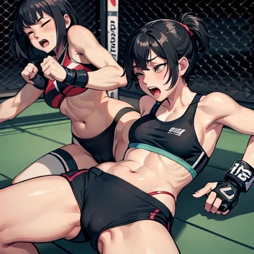 two person, Small breasts. poor belly, Cute Japanese high school girl with short cut black hair.  She is lying down in a mixed martial arts ring. Fighting by grappling. Opposing female fighter is beating her body so hard. She is closing eyes. She is scream...