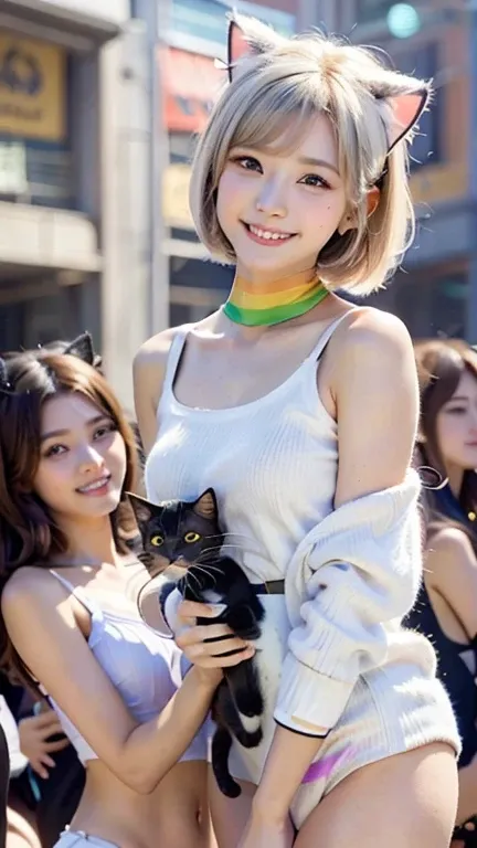 masterpiece, 4K, Bokeh, Beautiful Face, Harem, (Multiple Girls:1.4), (Group photo:1.5), (Cat ear:1.3), (white bob hair:1.3) , Looking at the audience, Idol Smile、Cowboy Shot, With many cats in his arms, (bibid rainbow background :1.4), sexy sleeveless shir...