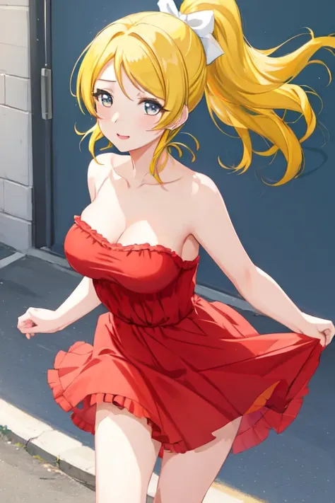 1girl, solo, halfbody, eli ayase, yellow hair, blue eyes, ponytail, hair ribbon, red dress, strapless, bare arms, bare neck, bare shoulders, summer, street, sleeveless