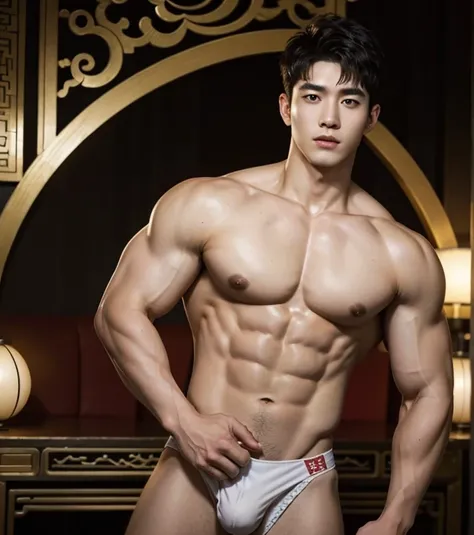 Chinese Men God, Mythology, Chinese odyssy, Handsome , young baby face,  Topless, Muscles, Athlete body, Full Frame, Sexy, Professional Lighting, Hanfu Outfit, Chinese Heaven Background,white  g string  Underwear, white transparent thong , Sexy big bulge f...