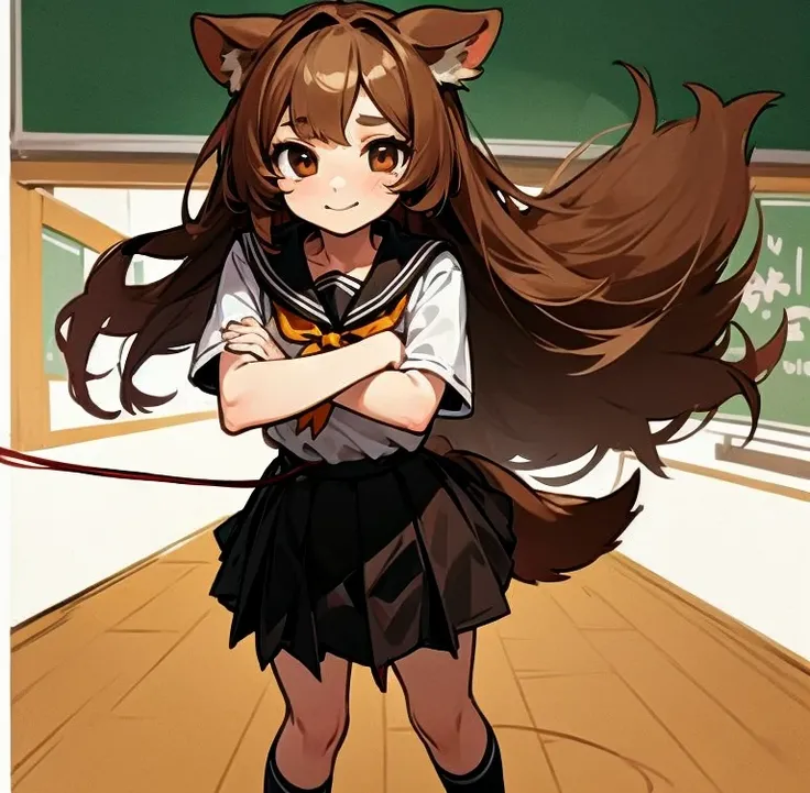 Masterpiece, best quality, expressive eyes, perfect face, 1girl, dog ears, solo, animal ears, brown hair, monster girl, golden eyes, leash, brown eyes, dog tail, tail, smile, long hair, classroom background, school room background, student shirt, black ski...