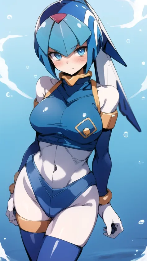 Leviathan Megaman 1 girl, looking at viewer, blue hair, Blue eyes, sea background, Blushed, glasses