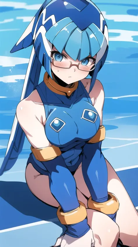 Leviathan Megaman 1 girl, looking at viewer, blue hair, Blue eyes, sea background, Blushed, glasses,  outfit