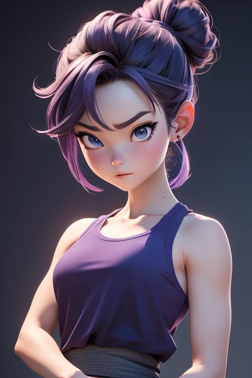 Une Japonaise de 16 ans, cheveux violet chignon en hauteur, collier bleu, dark gray tank top, terrified, englouti jusquà la taille dans le sable mouvant, style 3d pixar, (best quality, 4k, 8k, High resolution, chef-d&#39;artwork:1.2), Ultra-detailed, (Real...