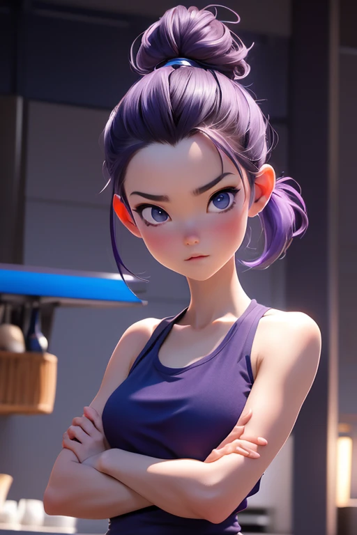 Une Japonaise de 16 ans, cheveux violet chignon en hauteur, collier bleu, dark gray tank top, terrified, englouti jusquà la taille dans le sable mouvant, style 3d pixar, (best quality, 4k, 8k, High resolution, chef-d&#39;artwork:1.2), Ultra-detailed, (Real...