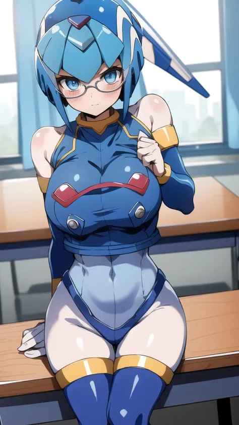 Leviathan Megaman 1 girl, looking at viewer, blue hair, Blue eyes,classroom background, Blushed, glasses,  clothes outfit